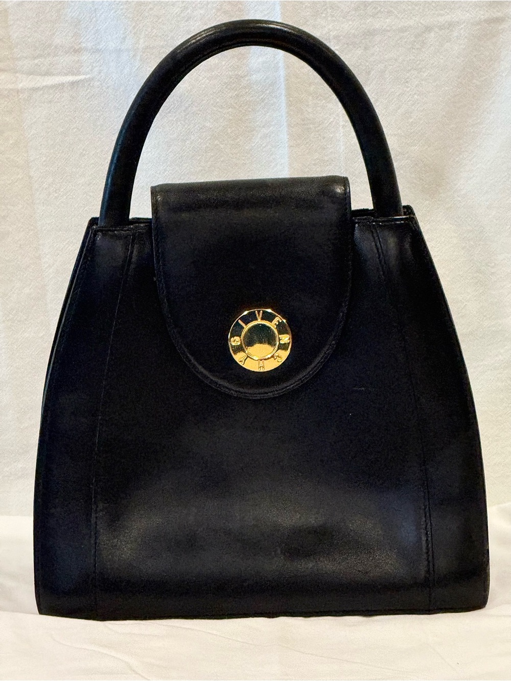 Vintage Givenchy Black Leather Top-Handle Bag with Gold Logo Accent